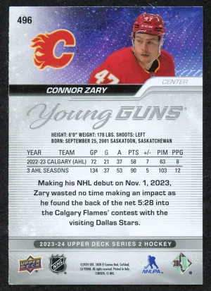 2023 Upper Deck Outburst Silver Connor Zary #496 Young Guns YG back